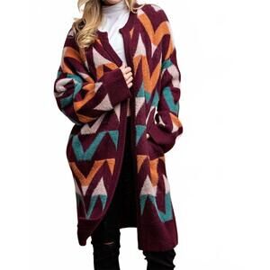 NEW GIGIO chevron pattern knitting sweater cardigan in burgundy